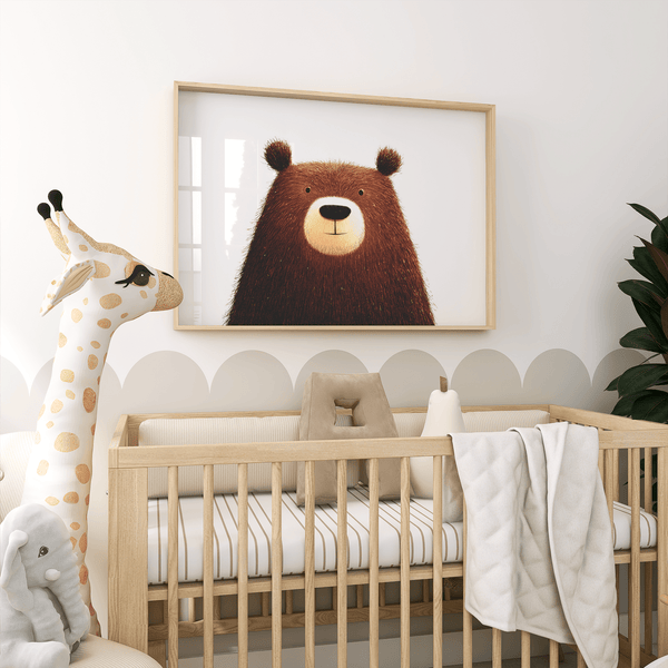 Cute Bear Art Print with brown fur on white, ideal for play area art print