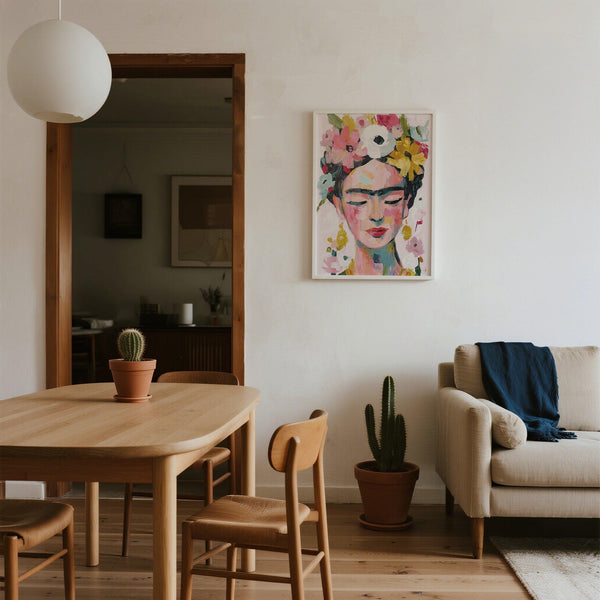 Emotional paintings of Frida Kahlo featuring expressive colours and florals.