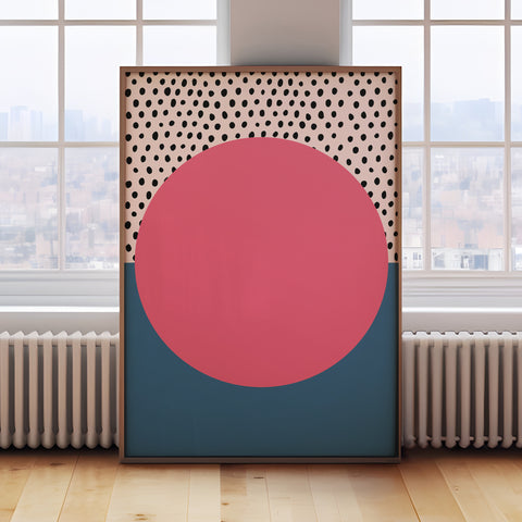 Geometric abstract wall art with polka dots, ideal for contemporary living rooms and offices