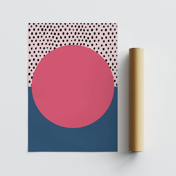 Contemporary modern abstract art geometric poster with polka dots in a gallery wall