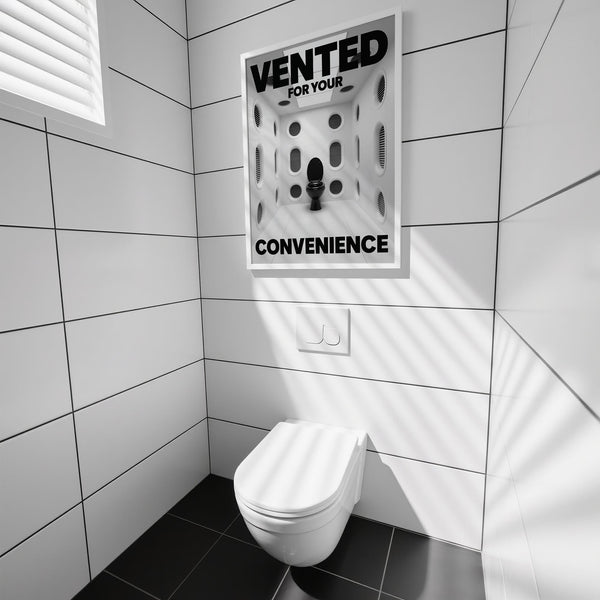 Bold and modern Funny Toilet Sign with white walls and ventilation grilles.