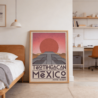 Retro travel poster of Pyramid of the Sun under a round sun disk