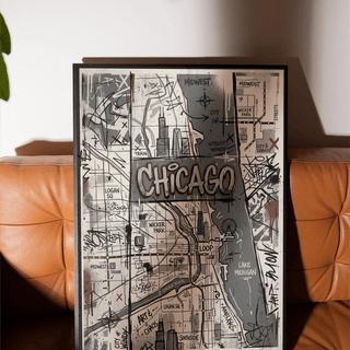 Urban map artwork with large CHICAGO title over sketchy street layout