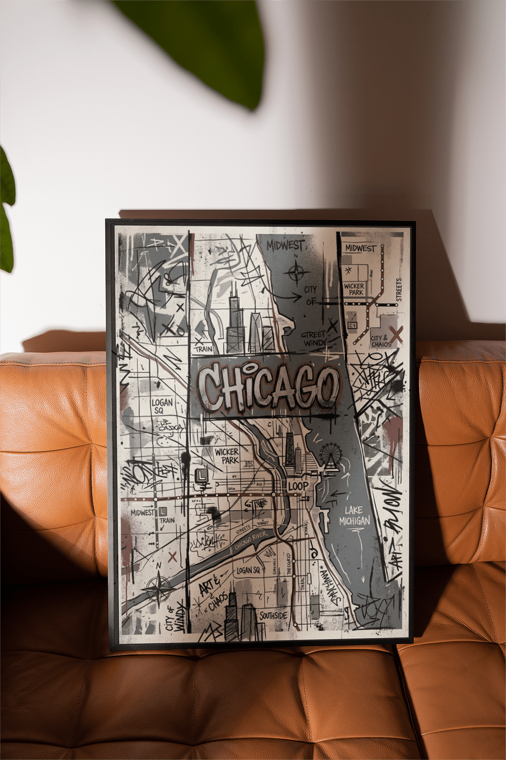 Urban map artwork with large CHICAGO title over sketchy street layout