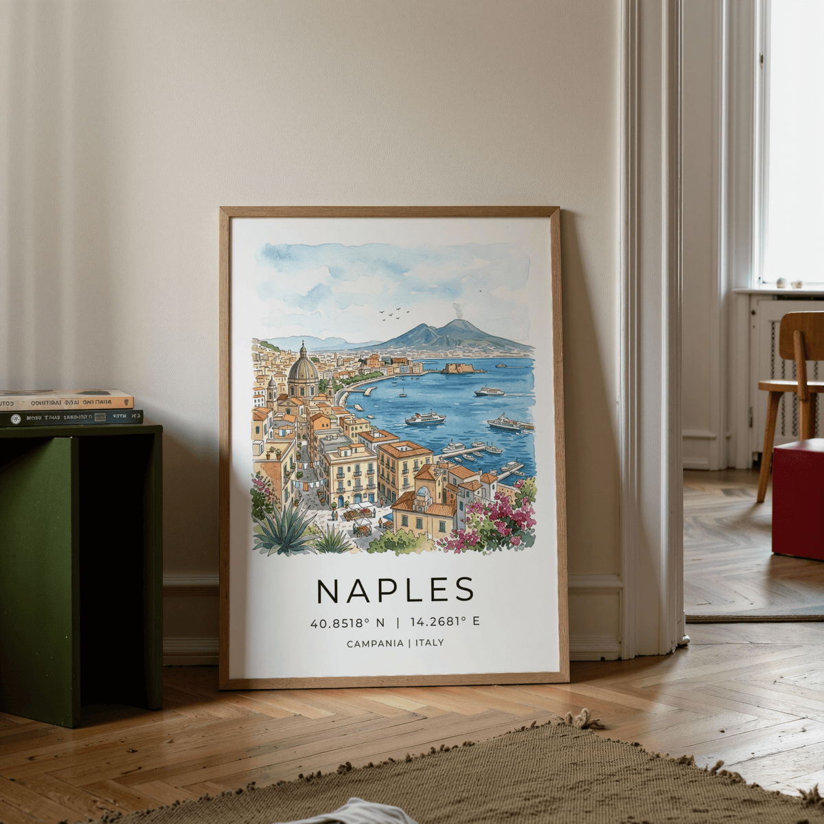 Elevated viewpoint art poster of Naples harbor with hillside buildings