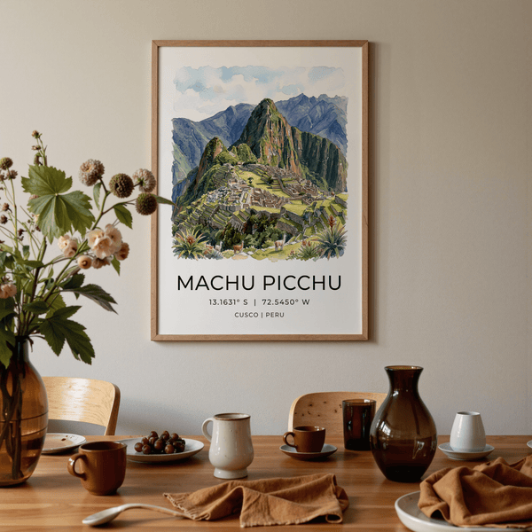 Llama silhouettes grazing near stone structures in a painterly landscape print