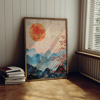 Wabi sabi Japanese Mountain Art with organic lines and mountain silhouettes.