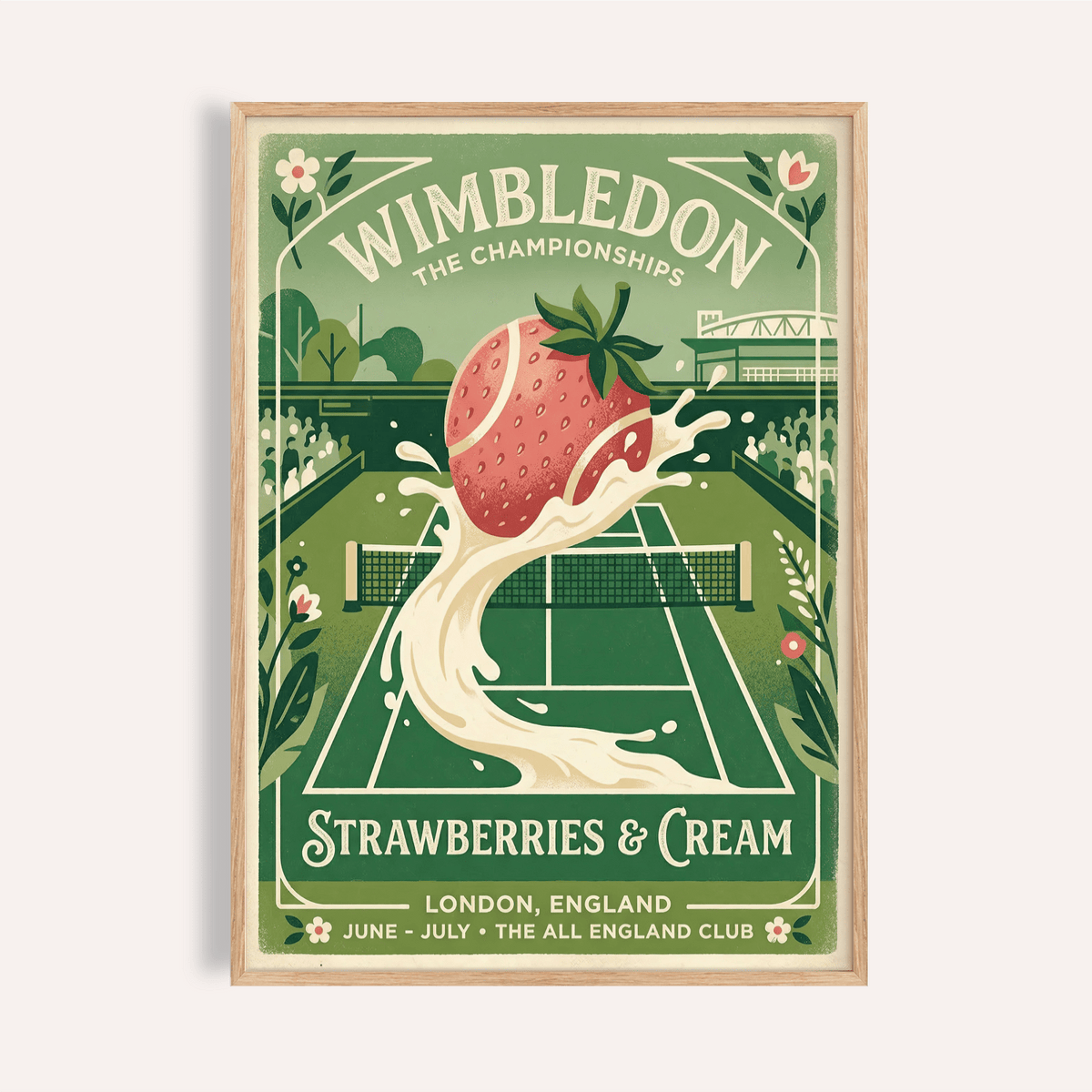 Arched-letter Wimbledon Poster print showing tennis court and strawberry with cream splash