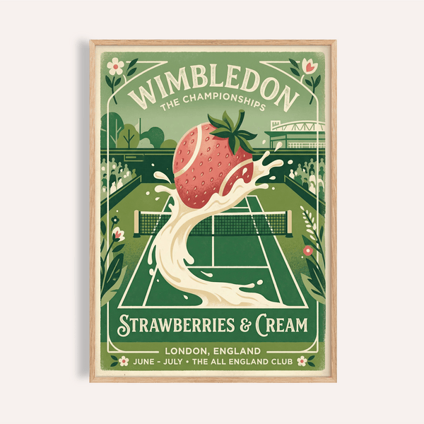 Arched-letter Wimbledon Poster print showing tennis court and strawberry with cream splash