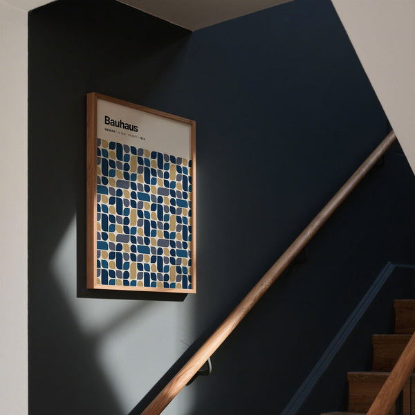 Abstract Navy and Gold Wall Art with clean lines and mid century color palette