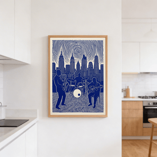 Blue and White Jazz Band Wall Art poster featuring band silhouettes and skyscrapers