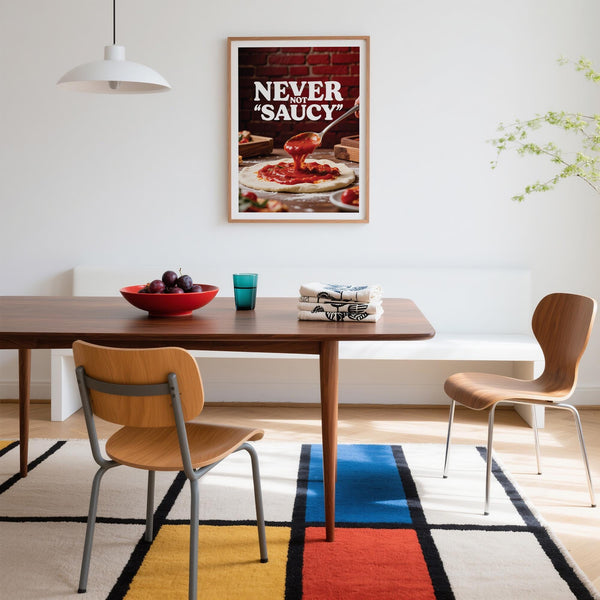 Funny pizza wall art with a rustic prep scene and bold red sauce.
