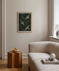 Featuring three flying cranes print with long beaks and legs and dotted field, Green and Gold Wall Art