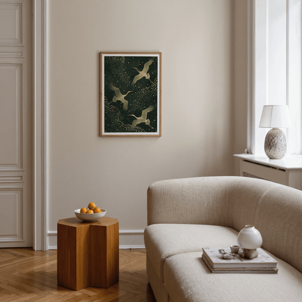 Featuring three flying cranes print with long beaks and legs and dotted field, Green and Gold Wall Art