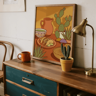 Mexican Food Print for kitchen decor, Orange and Green, art print with tacos
