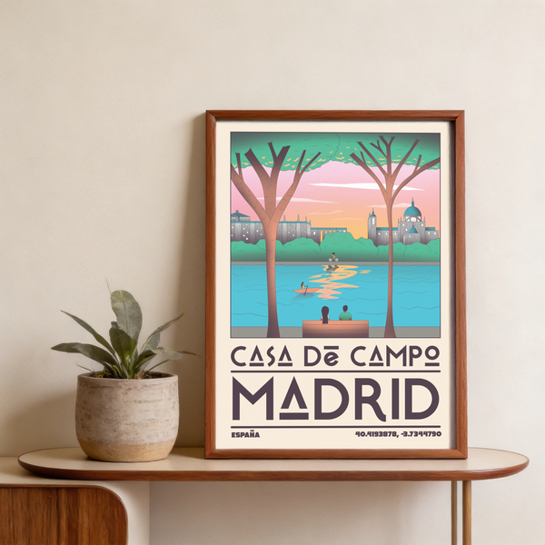 Panoramic Madrid Wall Art print with domed buildings, towers, and reflective water