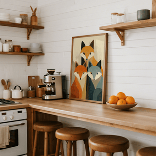 Stylized animal poster print featuring three fox portraits with clean outlines and grain texture