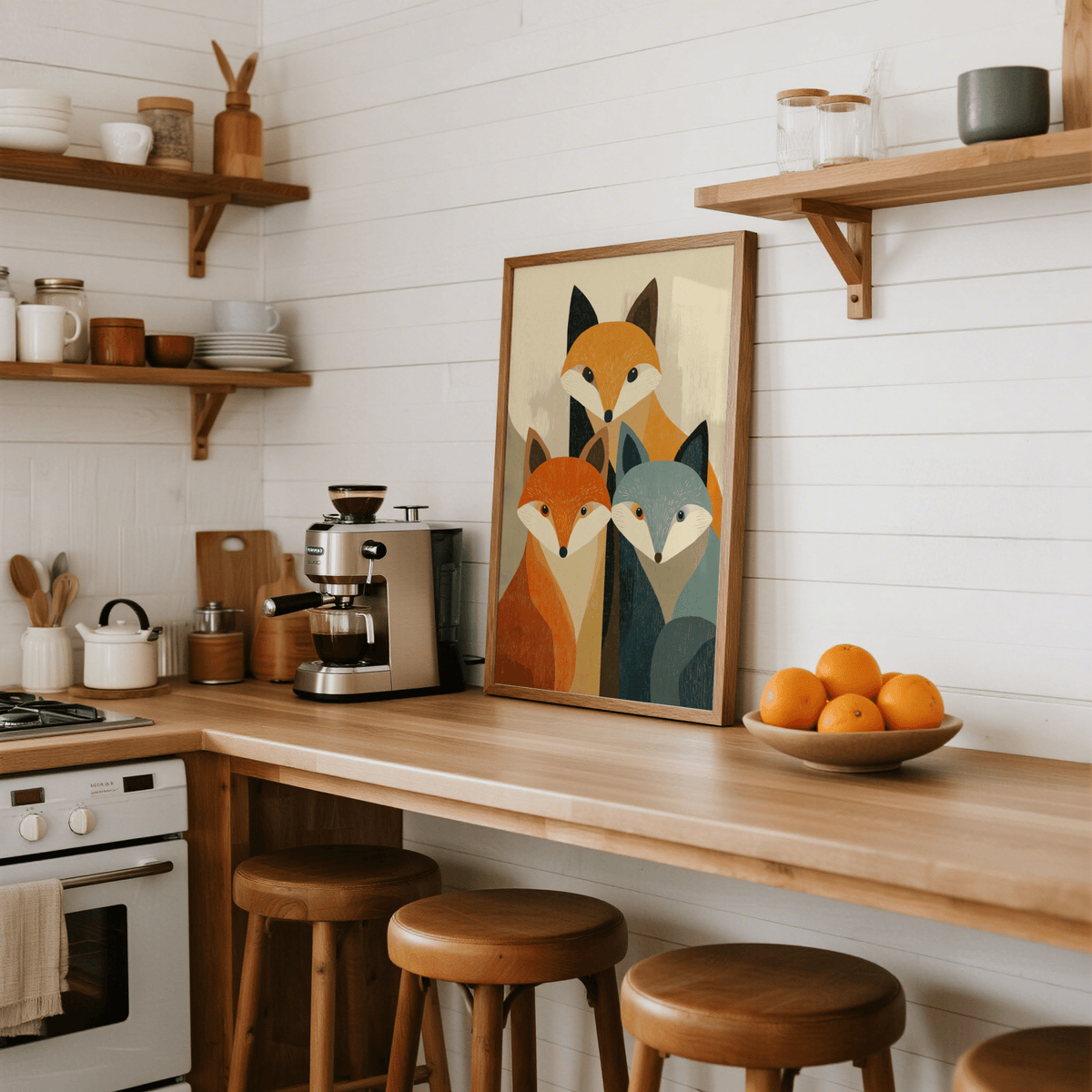 Stylized animal poster print featuring three fox portraits with clean outlines and grain texture