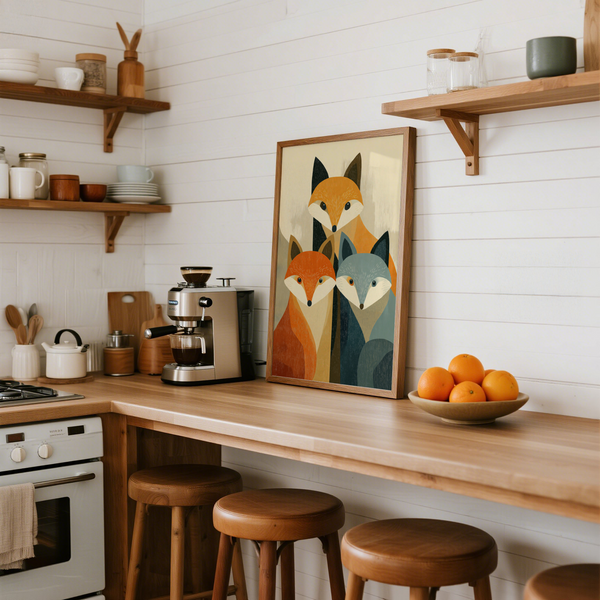 Stylized animal poster print featuring three fox portraits with clean outlines and grain texture