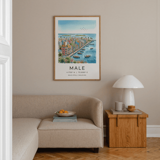 Panoramic city buildings along the sea print with birds in the sky wall art