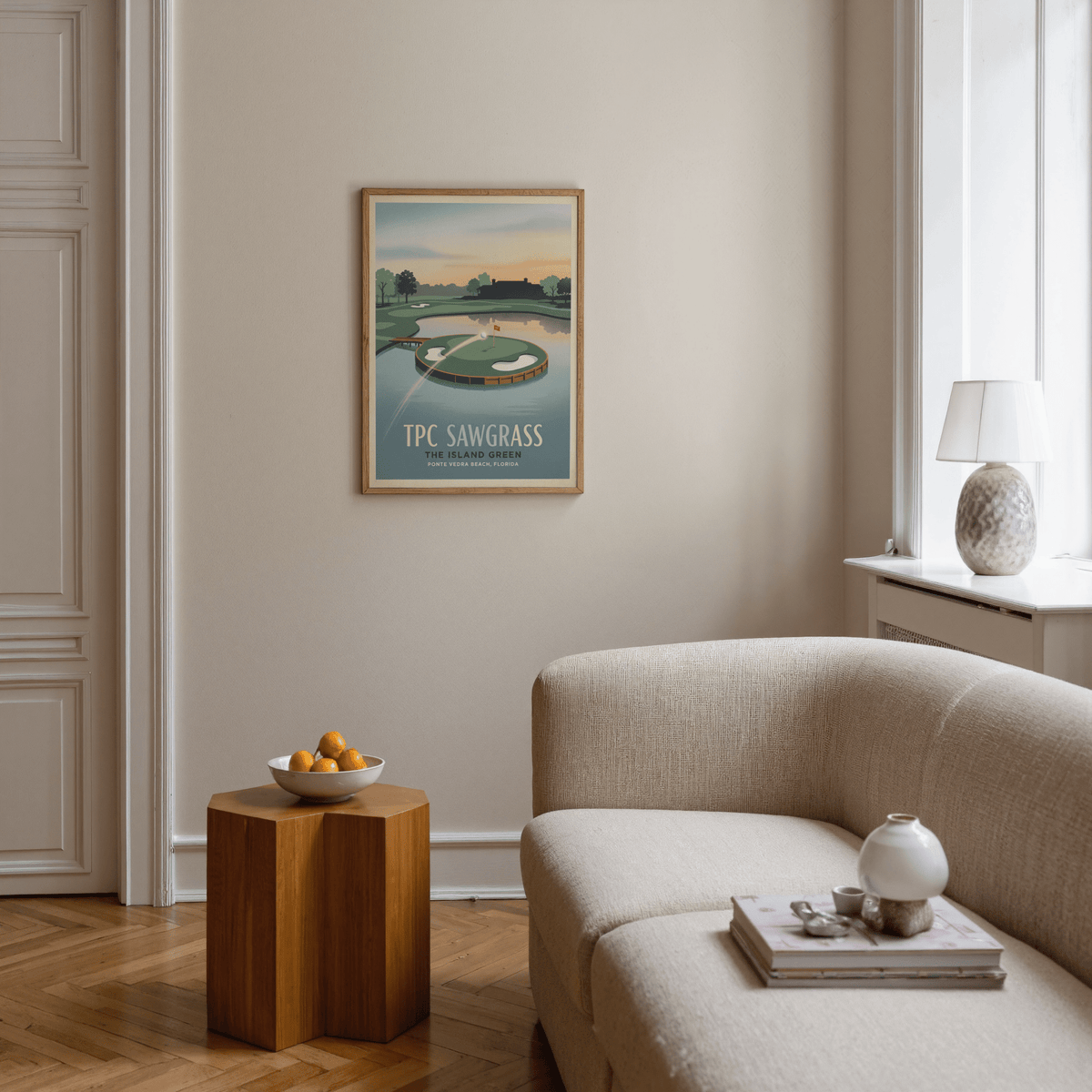 Illustrated TPC Sawgrass Wall Art poster with island green, red flag pin, and surrounding water
