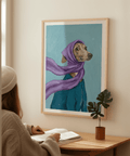 Dressed up Dog Art showcasing purple scarf, blue outfit, ideal for lounge wall art