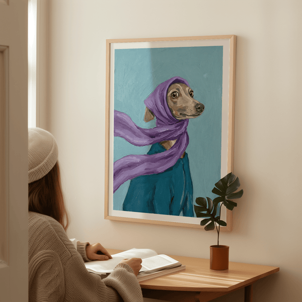 Dressed up Dog Art showcasing purple scarf, blue outfit, ideal for lounge wall art