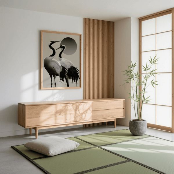 Contemporary Black and White Crane Print with Black and White shades for hallway wall art