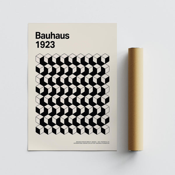 Bauhaus Design Poster in a workspace with neutral decor and clean lines.