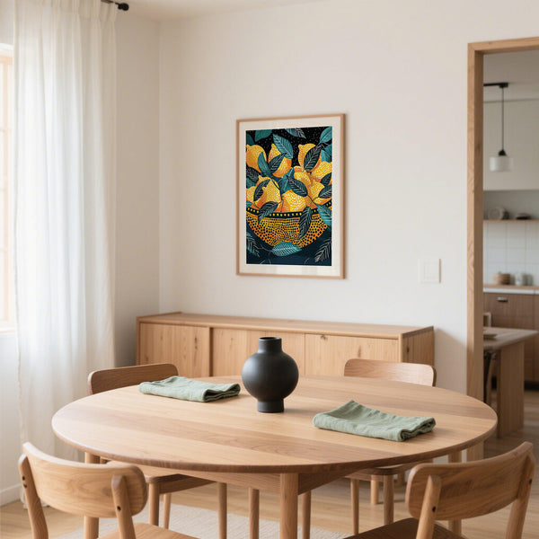 Kusama-style dotted lemon wall art with stylized fruit in a bowl.