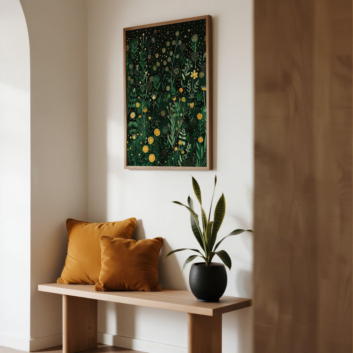 Green decor print with floral and leafy plants in deep emerald tones.