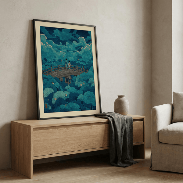 Hasui Kawase lotus pond print with dense lotus leaves and small blossoms