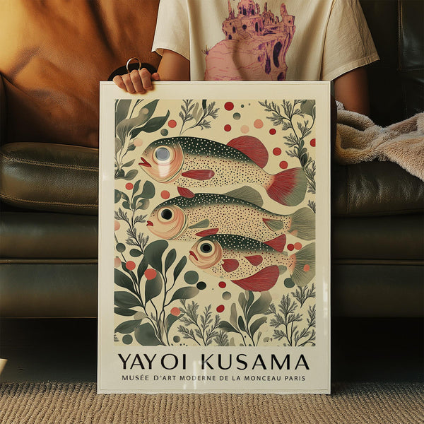 Stylized Wall Art of Fish in earthy red, green, and off-white tones.