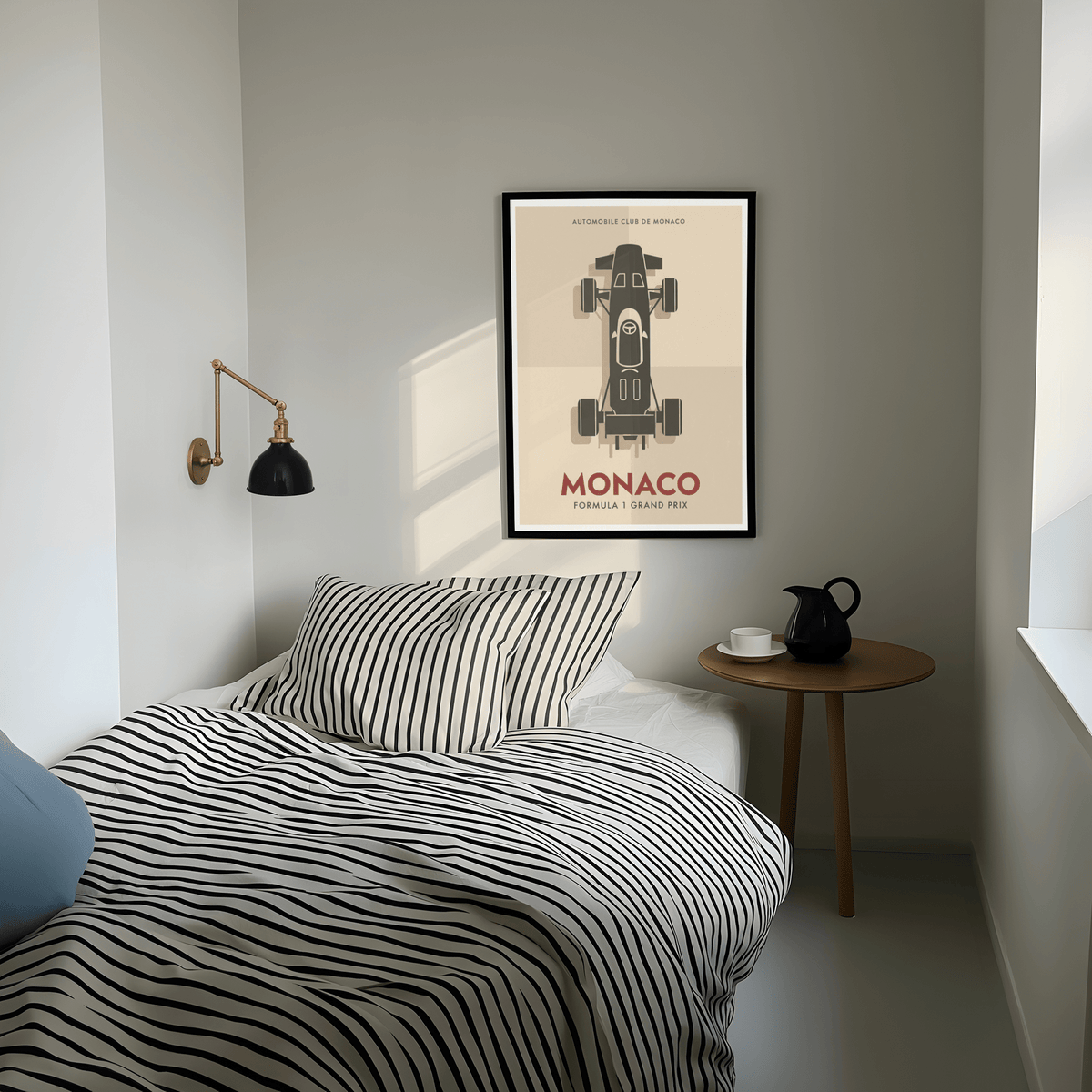 Centered racing car silhouette poster print with Automobile Club de Monaco header and bold MONACO lettering