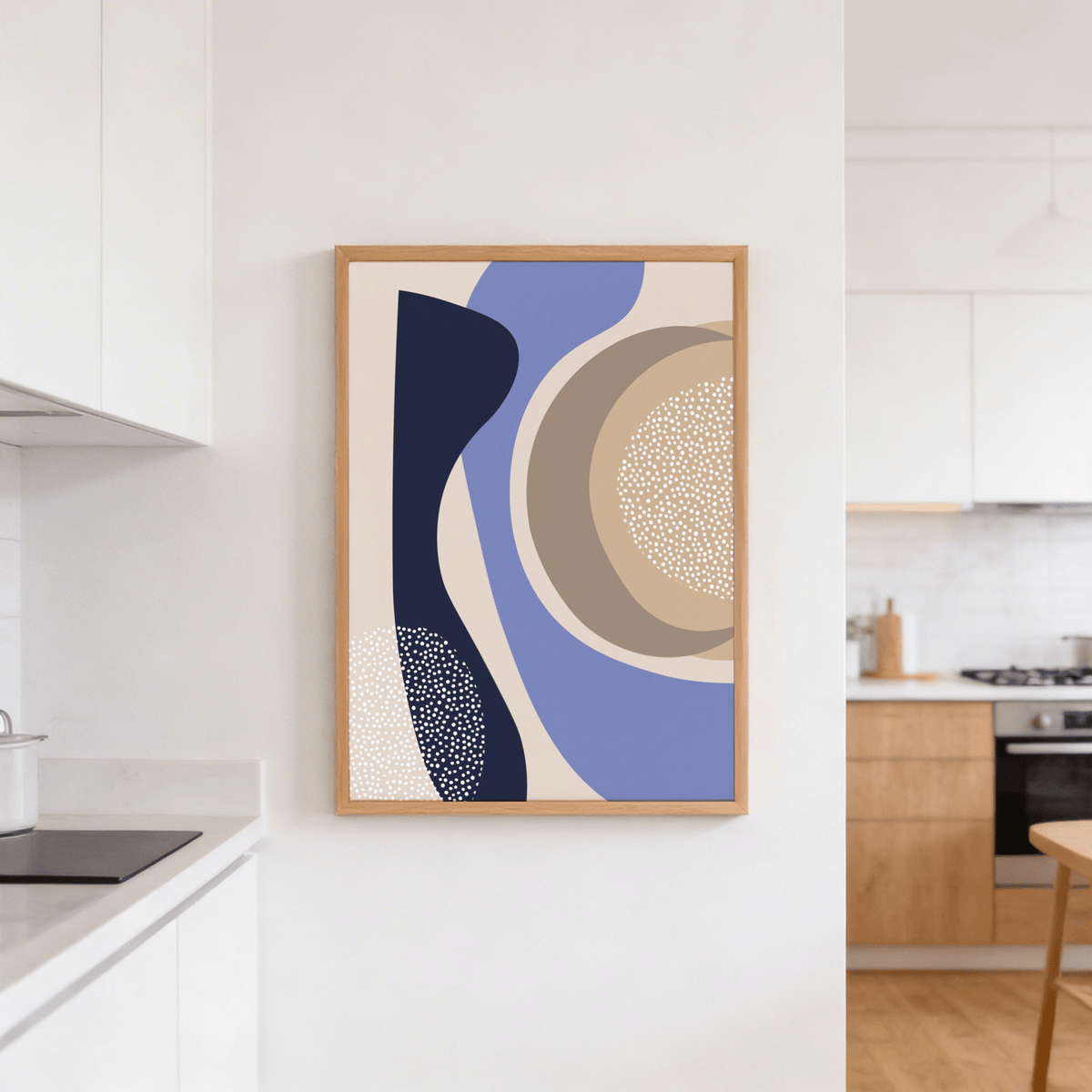 Modern abstract wall art print with central circles and tall curved shape