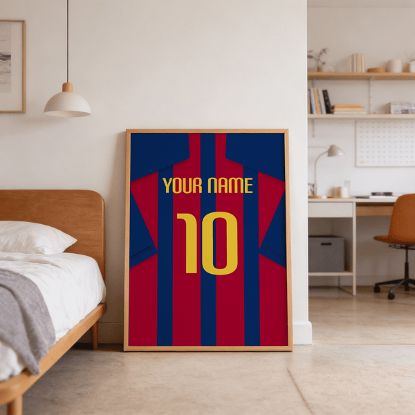 Barcelona Football Shirt Poster framed in a hallway next to other sports art