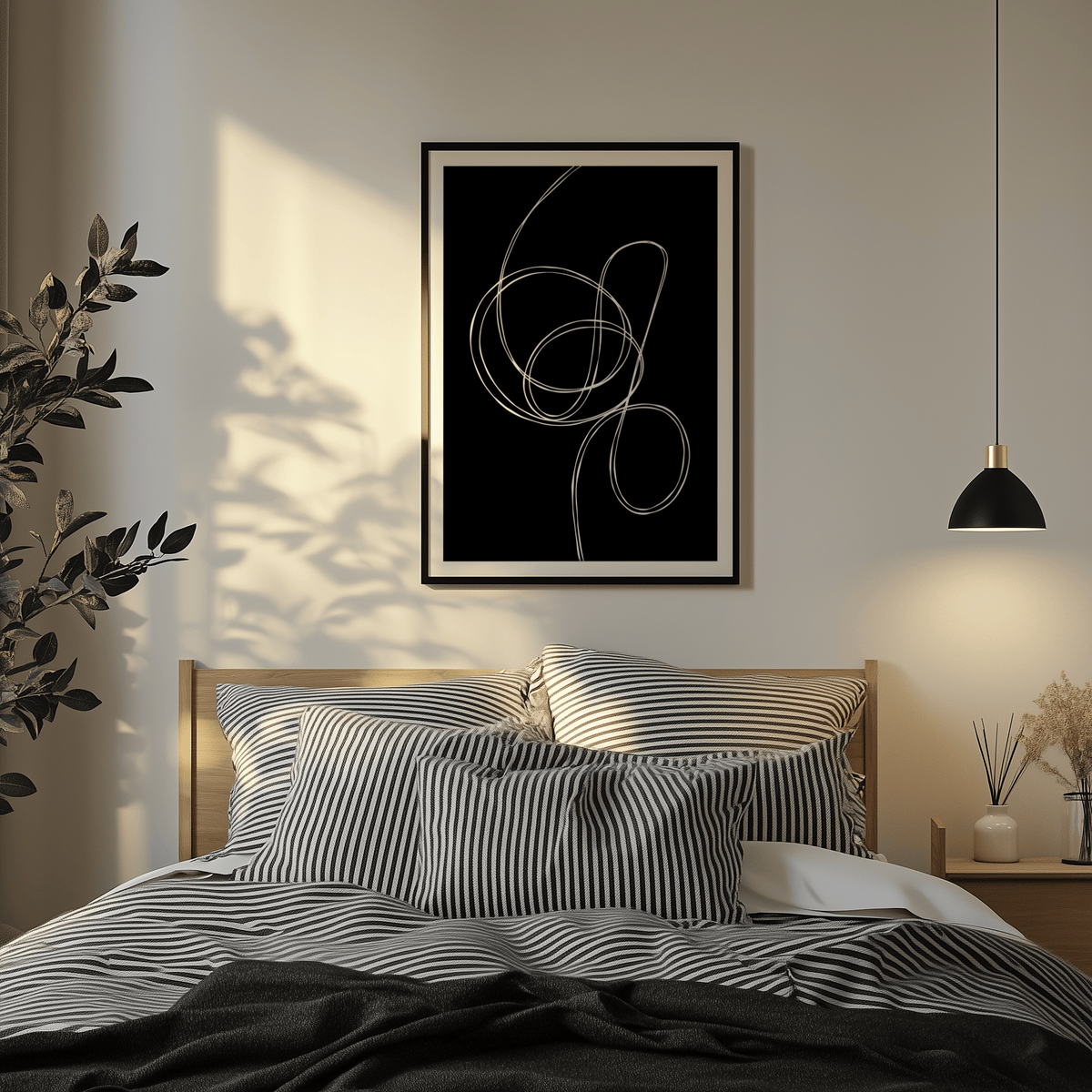 Modern Black and White Art poster with continuous curved line