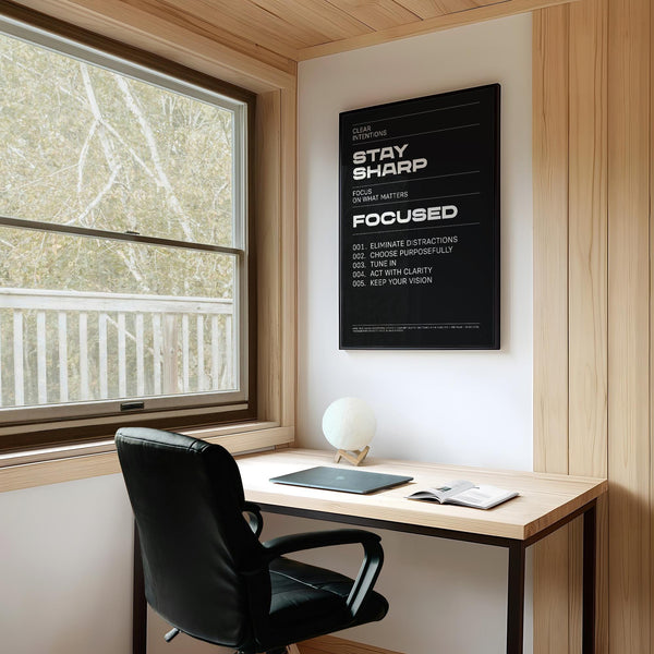 Clean black background Stay Focused Poster with intentional daily habits.