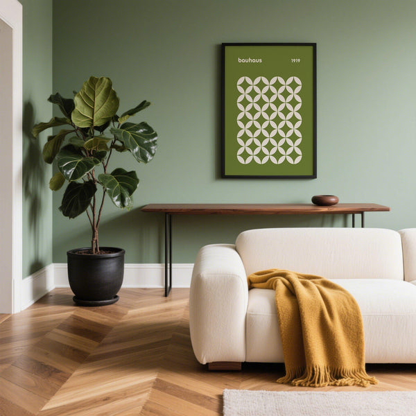 Modernist mid century geometric Bauhaus print with crisp circle layout in green and cream.