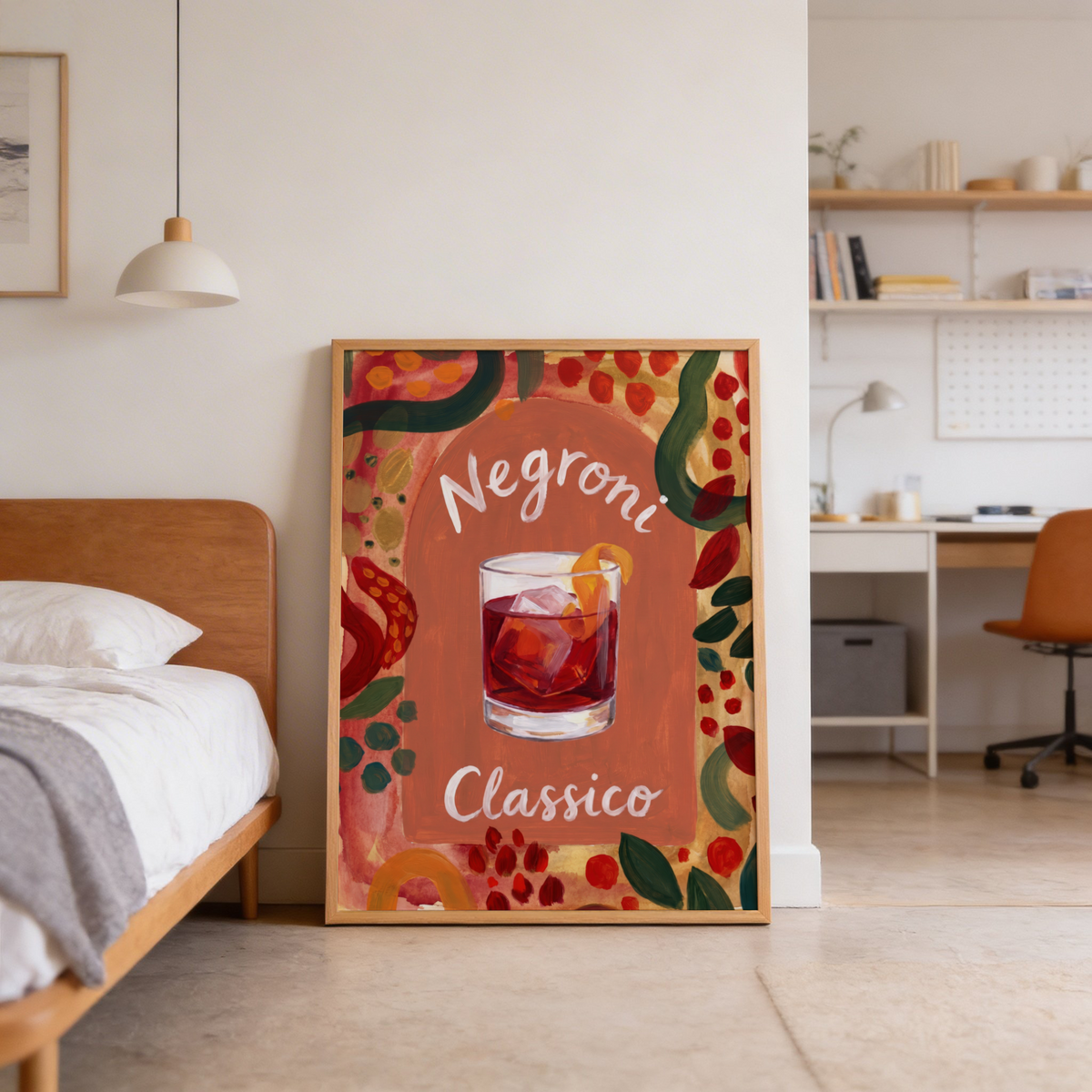 Red cocktail illustration in short tumbler topped with orange twist