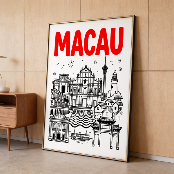 Macau Travel Art illustration featuring ferry beneath stacked landmarks