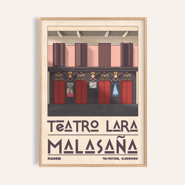 Front-on theatre facade poster print with red doors and ornate trim