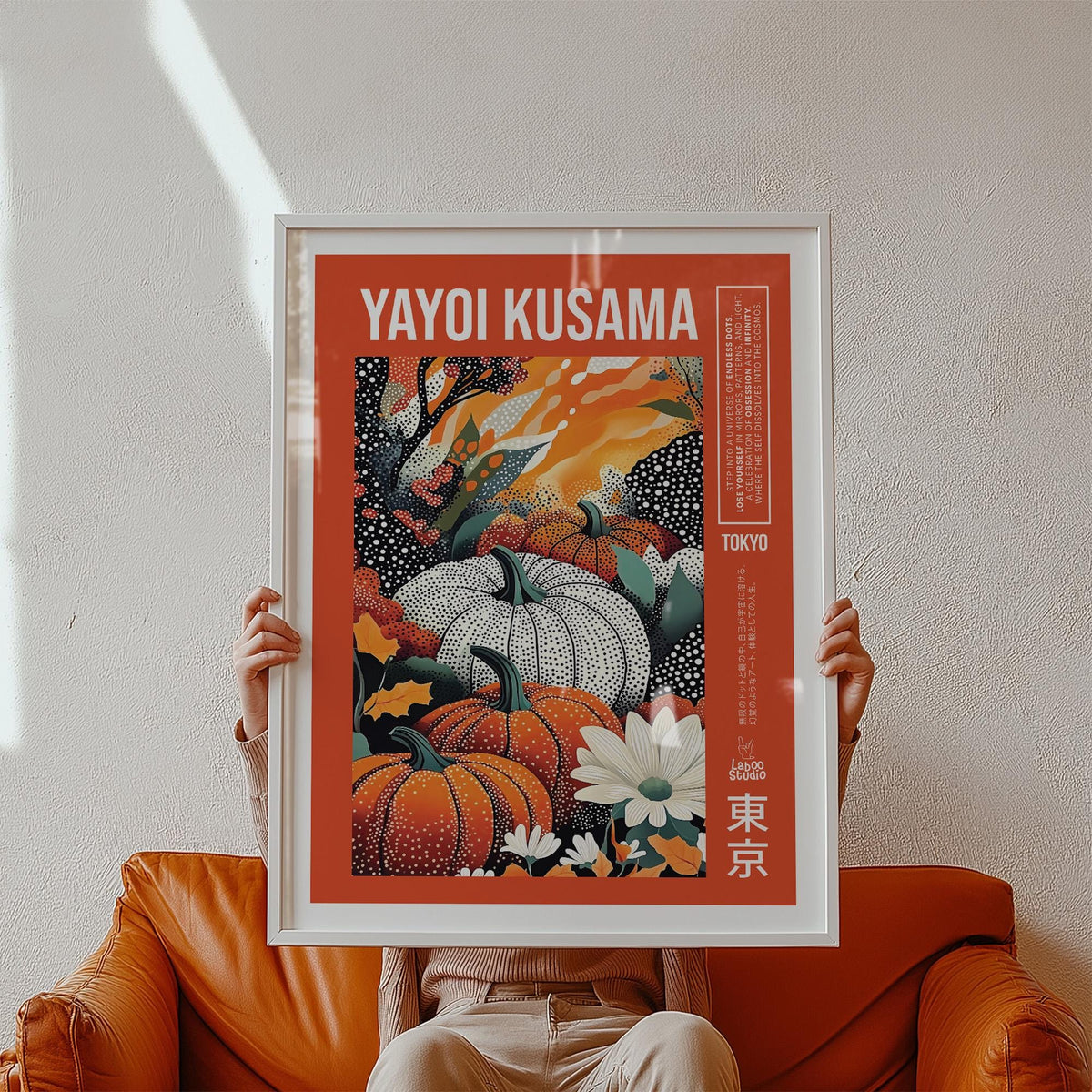 Autumn-themed artwork inspired by Yayoi Kusama pumpkin print with dotted pumpkins.