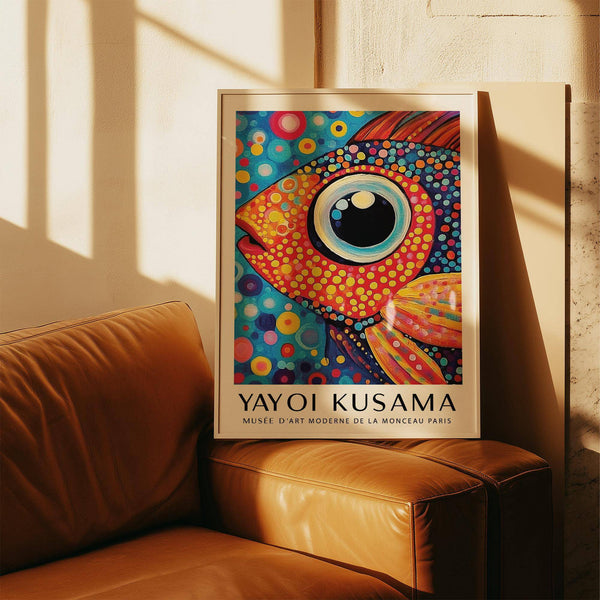 Artistic colorful fish art print featuring circular textures in navy and coral