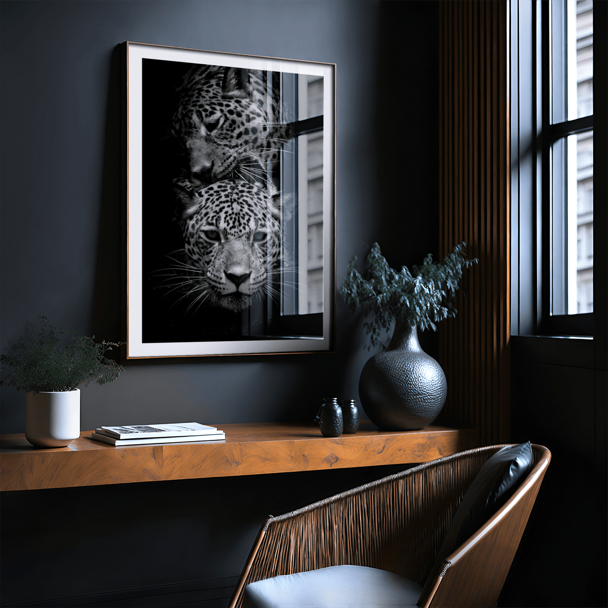 Minimalist wildlife wall art of leopards framed by subtle border
