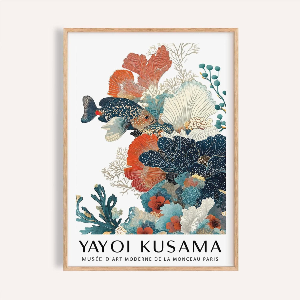 Tropical fish poster in rust and teal for reef-themed living room decor