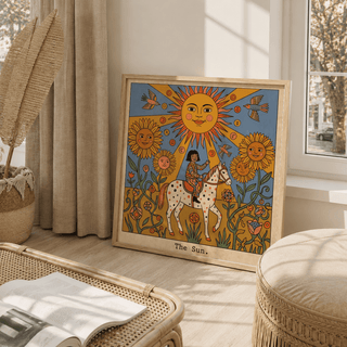 Centered The Sun Tarot Card Art print showing sun face, birds in flight, and symbolic circles