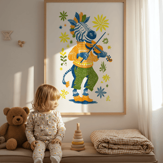 Zebra Playing Violin Poster in blue, yellow, green kids bedroom wall art