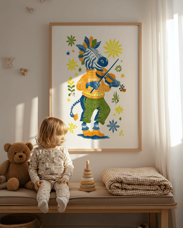 Zebra Playing Violin Poster in blue, yellow, green kids bedroom wall art