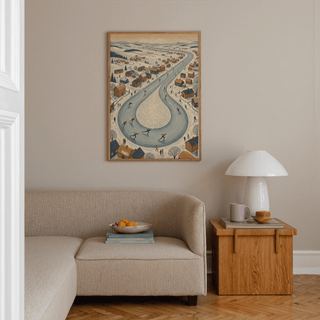 Winter Village Scene art print with Orange details perfect for entryway